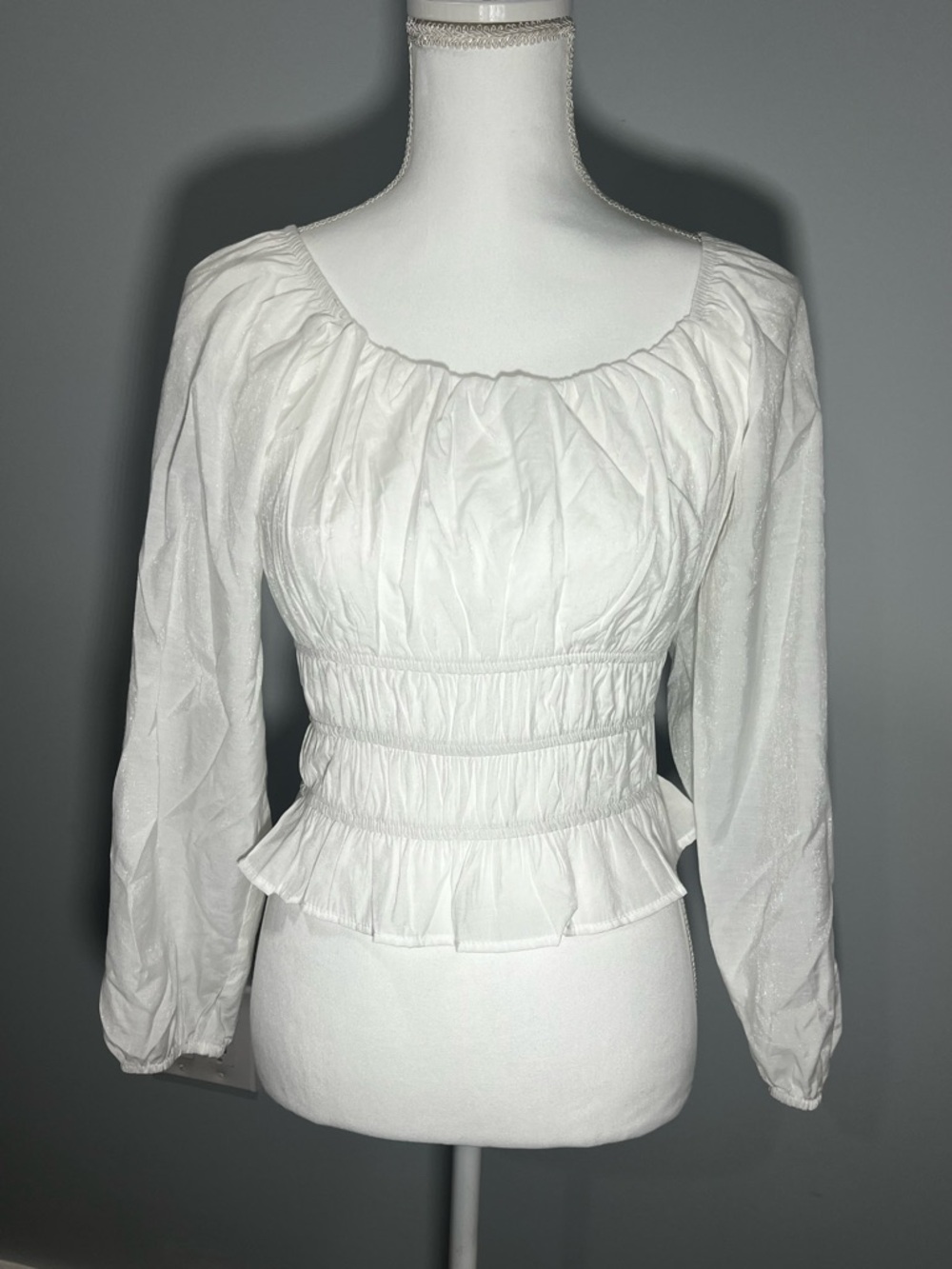 White Peplum Smocked Waist Long-Sleeve Top